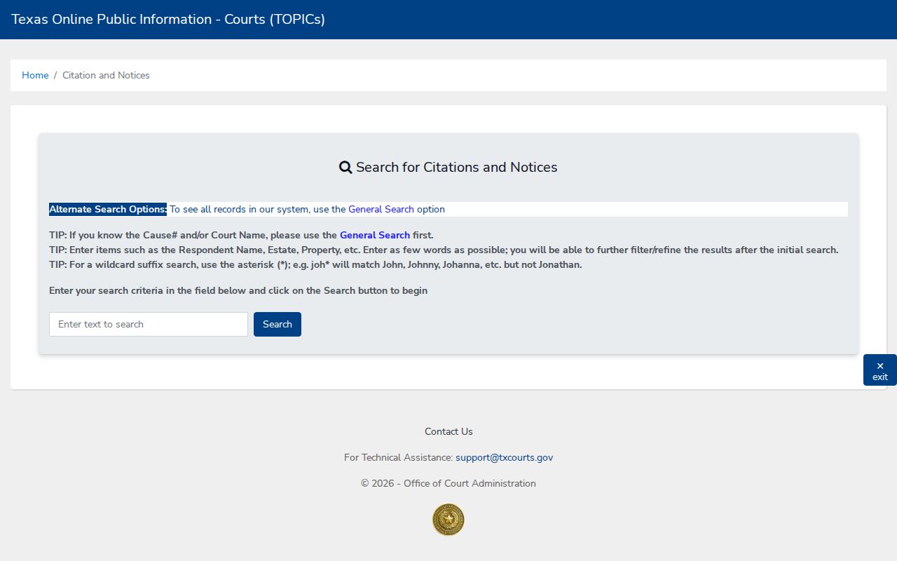 Hansford County warrant and citation search form controls