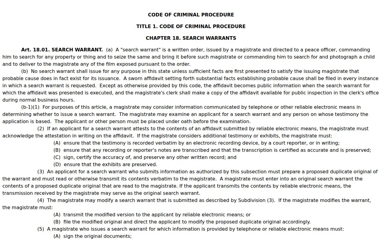 Hansford County arrest warrant and search warrant record law