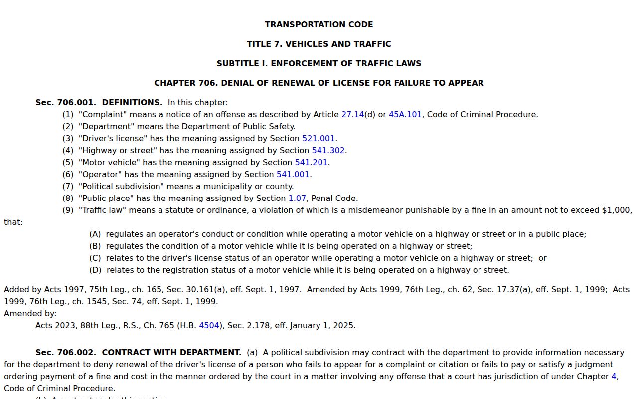 Hansford County traffic warrant FTA license reporting law