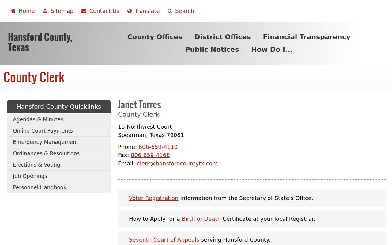 Hansford County warrant record clerk office contact