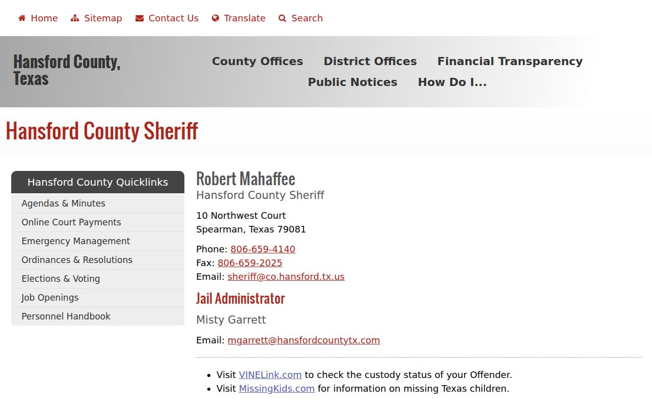 Hansford County Sheriff warrant records and custody contact